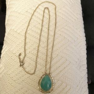 Long Gold Chain Necklace with Turquoise Coloured Stone Pendant